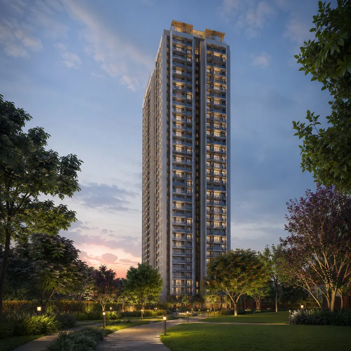 Sattva Mysore Road tower exterior — 3B + GF + 40 high-rise elevation at dusk